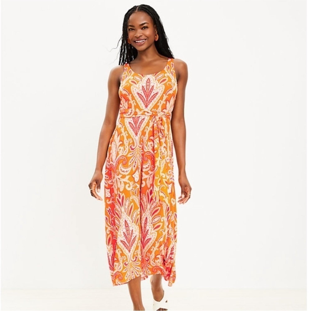 NWT Ann Taylor LOFT Paisley Tie Waist Midi Dress Floral Orange Calypso Sleeveles